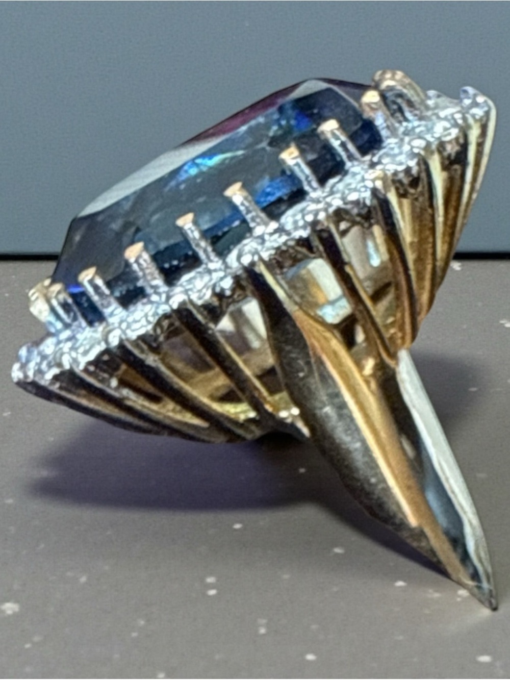 Cocktail Ring Simulated Sapphire and CZ Set In 18 KGE - Women Jewelry - Picture 2 of 6